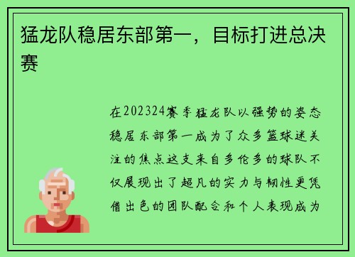 猛龙队稳居东部第一，目标打进总决赛