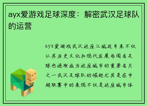 ayx爱游戏足球深度：解密武汉足球队的运营