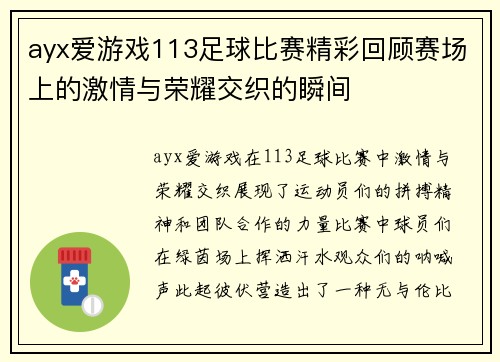 ayx爱游戏113足球比赛精彩回顾赛场上的激情与荣耀交织的瞬间